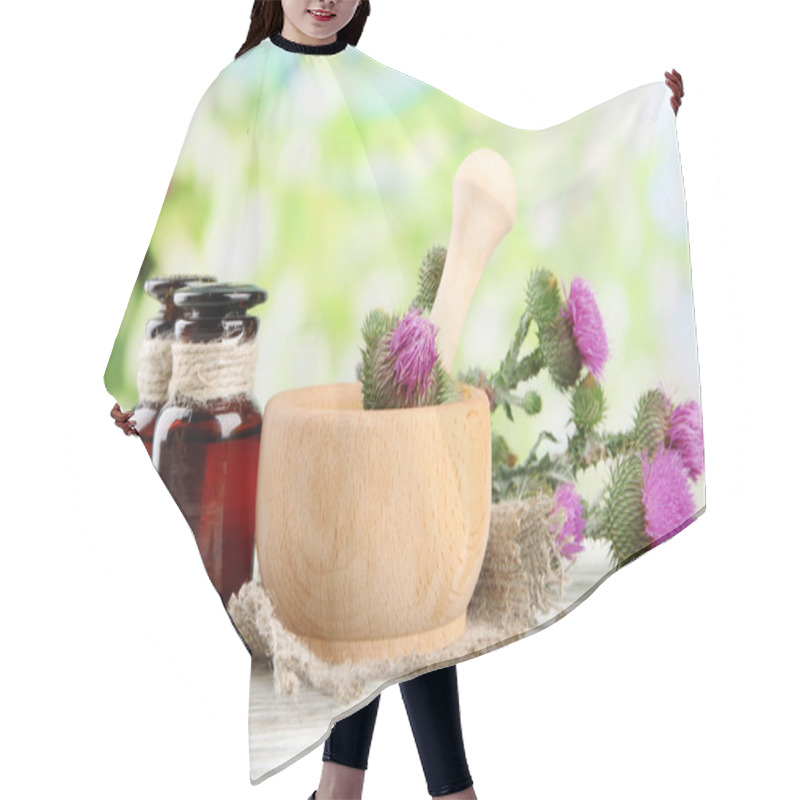 Personality  Medicine Bottles And Mortar With Thistle Flowers On Nature Background Hair Cutting Cape