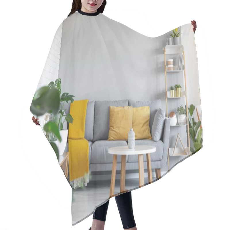 Personality  Orange Pillows And Blanket On Grey Couch In Living Room Interior With Wooden Table. Real Photo Hair Cutting Cape