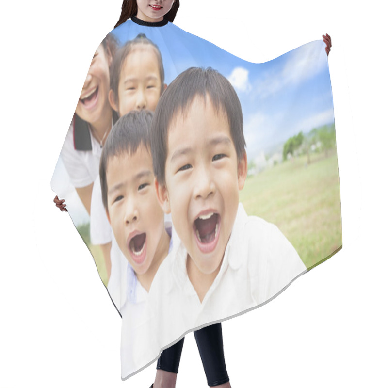 Personality  Asian Smiling Family Playing On Meadow And Sunny Day Hair Cutting Cape