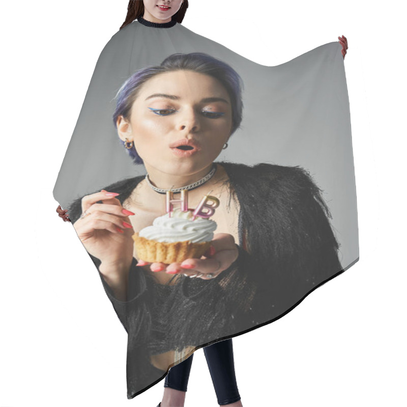 Personality  Young Woman In Fashionable Attire Holding A Cupcake With A Lit Candle, Showcasing A Magical Moment. Hair Cutting Cape