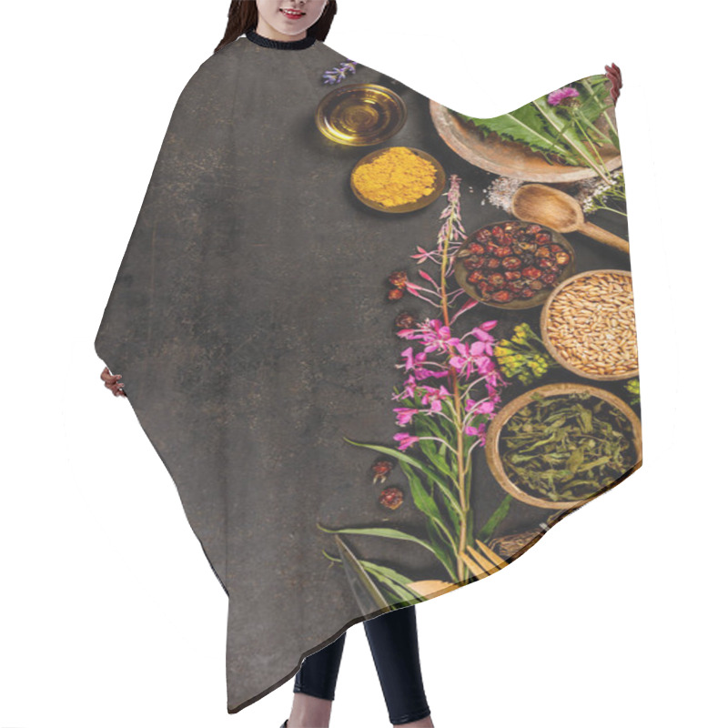 Personality  Flat Lay Of Wild Healing Herbs Hair Cutting Cape