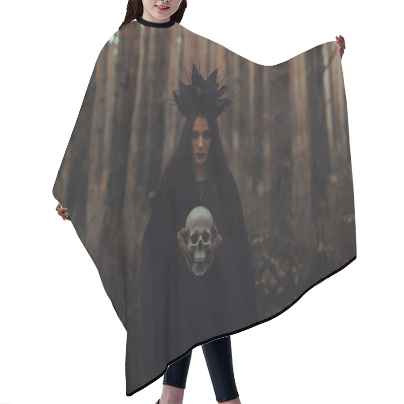 Personality  Black Terrible Witch Holds The Skull Of A Dead Man In Her Hands Hair Cutting Cape