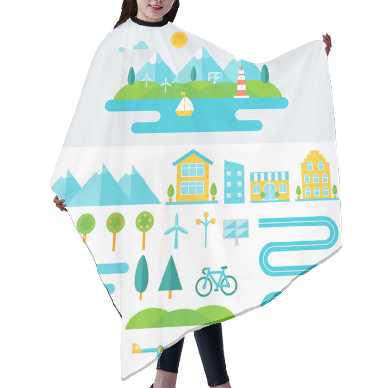 Personality  Mountain Landscape Illustration And Set Of Elements. Eco-friendly Lifestyle And Sustainable Living Concept. Flat Design Hair Cutting Cape