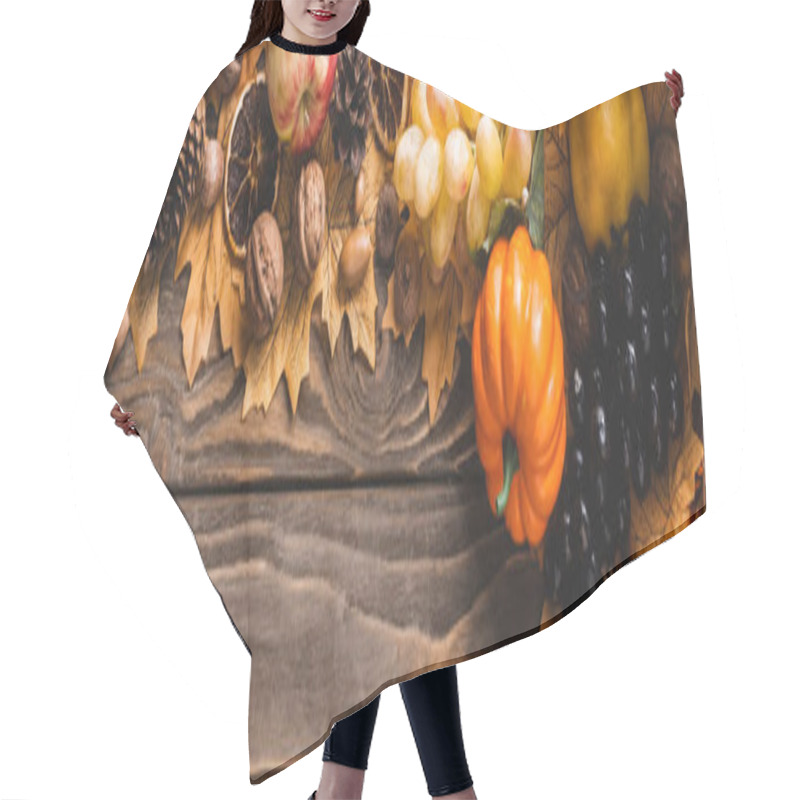 Personality  Top View Of Autumnal Harvest On Foliage On Brown Wooden Background, Panoramic Shot Hair Cutting Cape