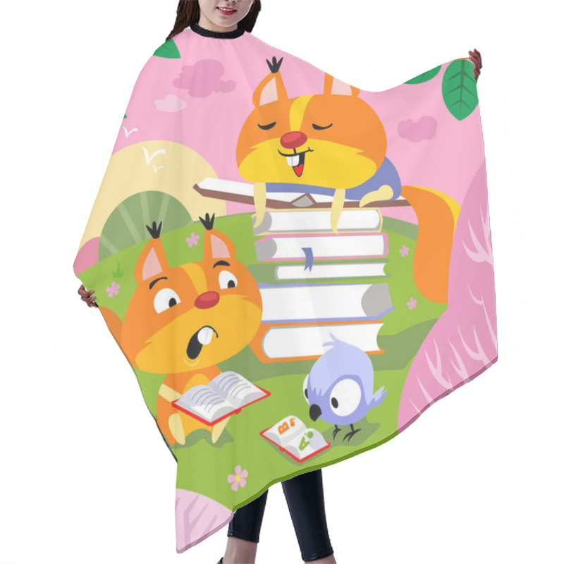 Personality  Cute Squirrels Are Reading In Spring Meadow. Background With Flowering Trees. Hand Drawn Full Color Children Illustration. Vector Flat Cartoon Picture. Hair Cutting Cape