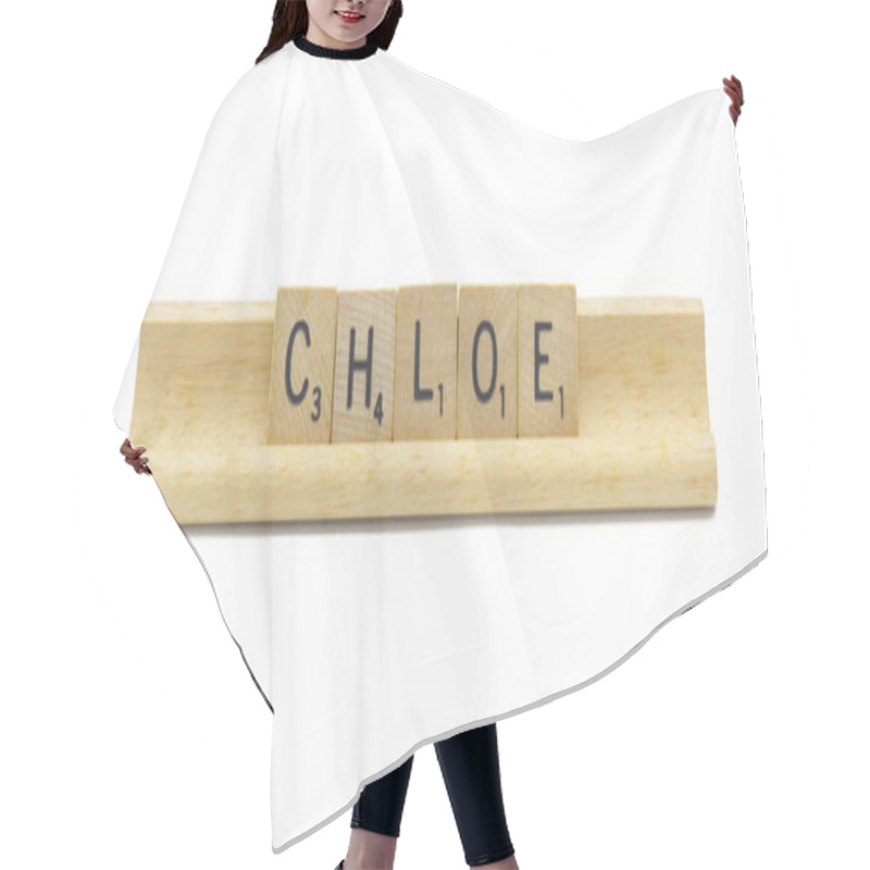 Personality  Miami, FL 4-18-24 Popular Newborn Baby Girl First Name Of CHLOE Made With Square Wooden Tile English Alphabet Letters With Natural Color And Grain On A Wood Rack Holder Isolated On White Background Hair Cutting Cape