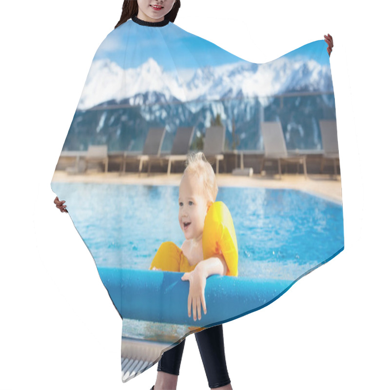 Personality  Child In Outdoor Swimming Pool Of Alpine Resort Hair Cutting Cape