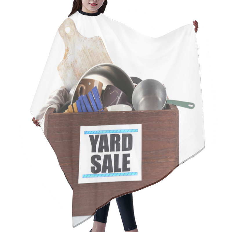 Personality  Box Of Unwanted Stuff Ready For Yard Sale Isolated On White Hair Cutting Cape