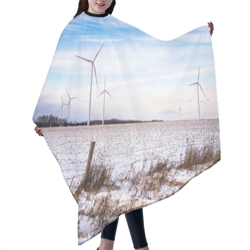 Personality  Wind Turbine For Electricity Generation In A Snowy Field At Sunset. Renewable Energy Concept. Ontario, Canada. Hair Cutting Cape