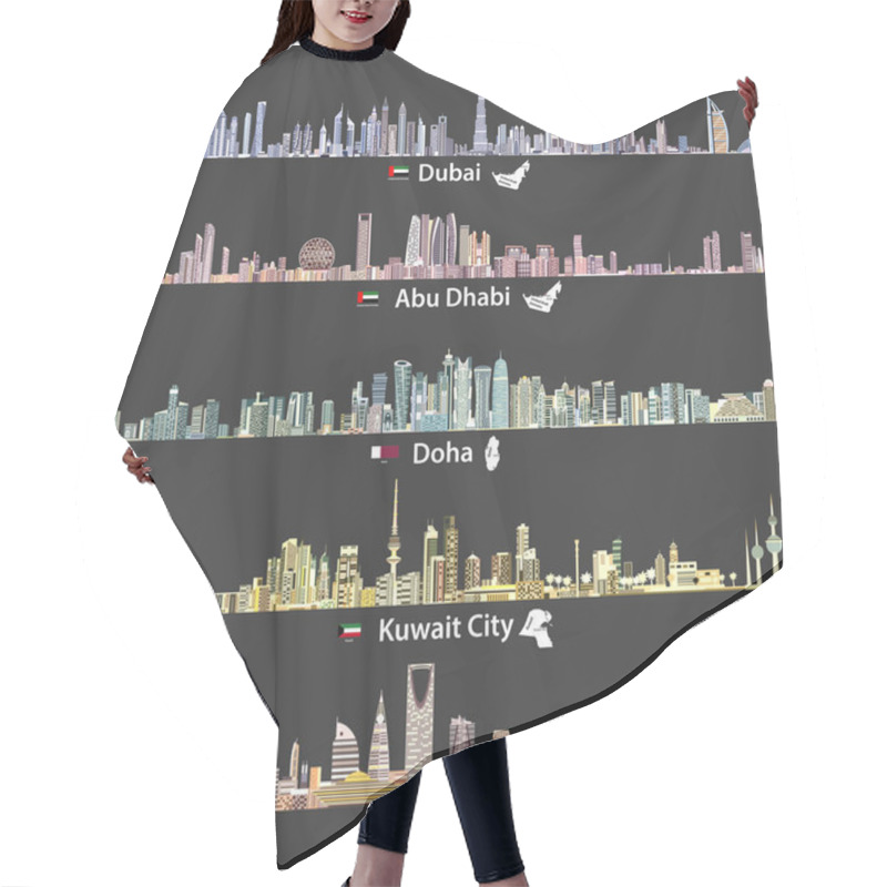 Personality  Abstract Vector Illustrations Of Dubai, Abu Dhabi, Doha, Riyadh And Kuwait City Skylines At Night In Bright Color Palettes With Flags And Maps Of United Arab Emirates, Qatar, Kuwait And Saudi Arabia Hair Cutting Cape