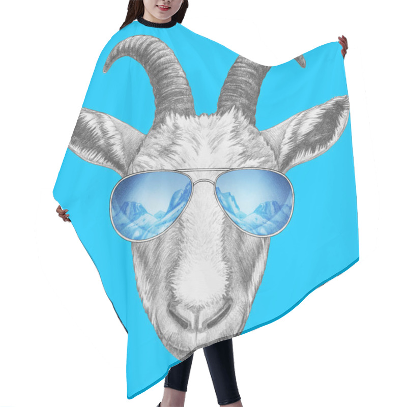 Personality  Funny Sketch Portrait Of Goat In Aviator Sunglasses With Reflection Of Mountains On Blue Hair Cutting Cape