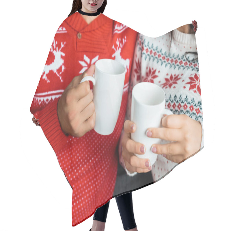 Personality  Cropped Image Of Couple Holding Hot Coffee Cups On Sofa At Home Hair Cutting Cape