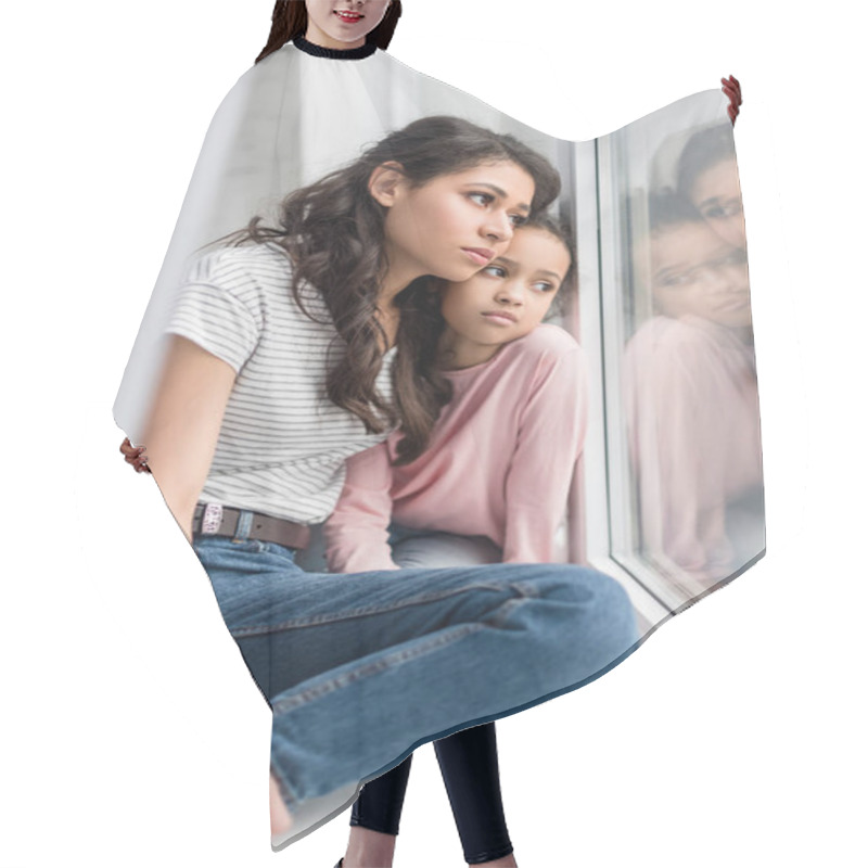 Personality  Sad Mother And Daughter Looking Through Window Hair Cutting Cape