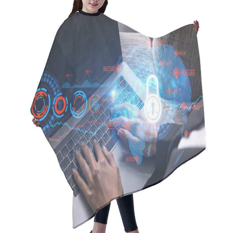 Personality  Businesswoman Typing On Computer In Office. Lock Icon Hologram. Security Concept. Double Exposure. Hair Cutting Cape