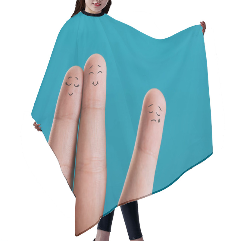 Personality  Cropped View Of Fingers As Happy Couple In Love And Third Wheel Isolated On Blue Hair Cutting Cape