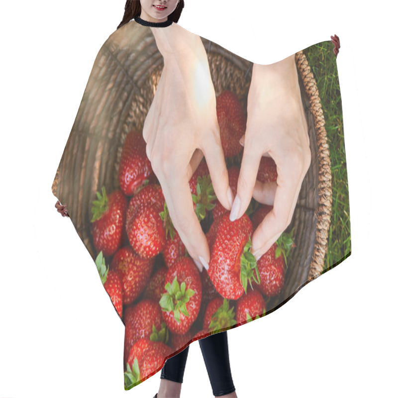 Personality  Cropped View Of Woman Taking Fresh Strawberries From Wicker Basket  Hair Cutting Cape