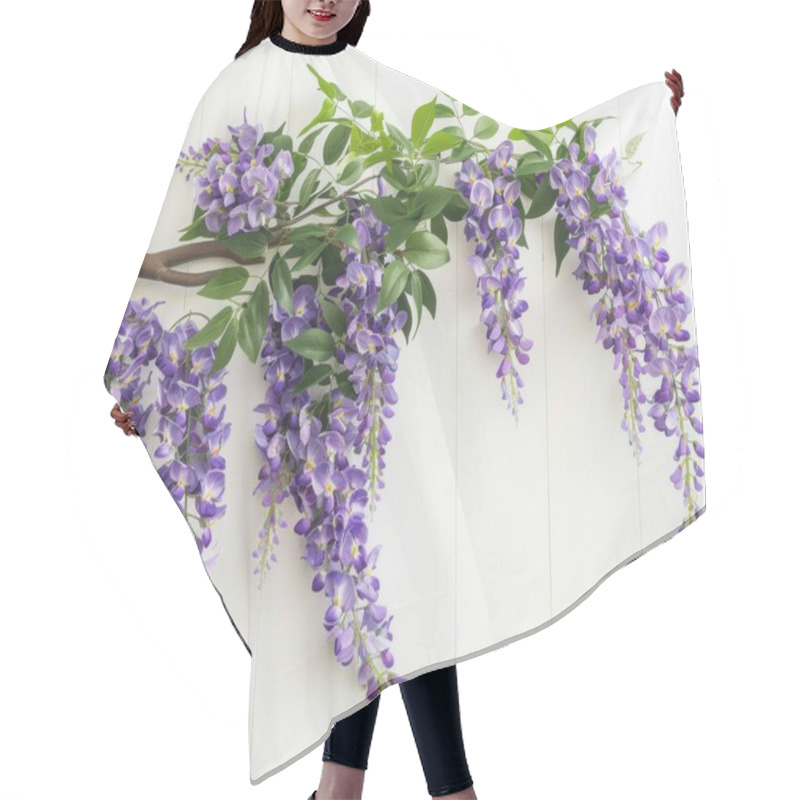 Personality  A Vibrant Arrangement Of Cascading Purple Wisteria Blossoms On A Wooden Branch Against A White Background. Hair Cutting Cape