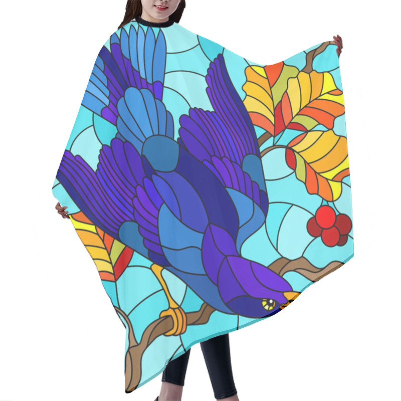 Personality  Illustration In The Style Of Stained Glass With A Beautiful Bright Blue Bird  On A  Background Of Autumn Branch Of Tree And Sky Hair Cutting Cape