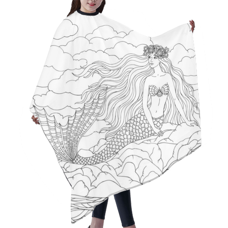 Personality  Mermaid, Hand Drawn Linen Vector Illustration On A White Background For Coloring Book. Hair Cutting Cape