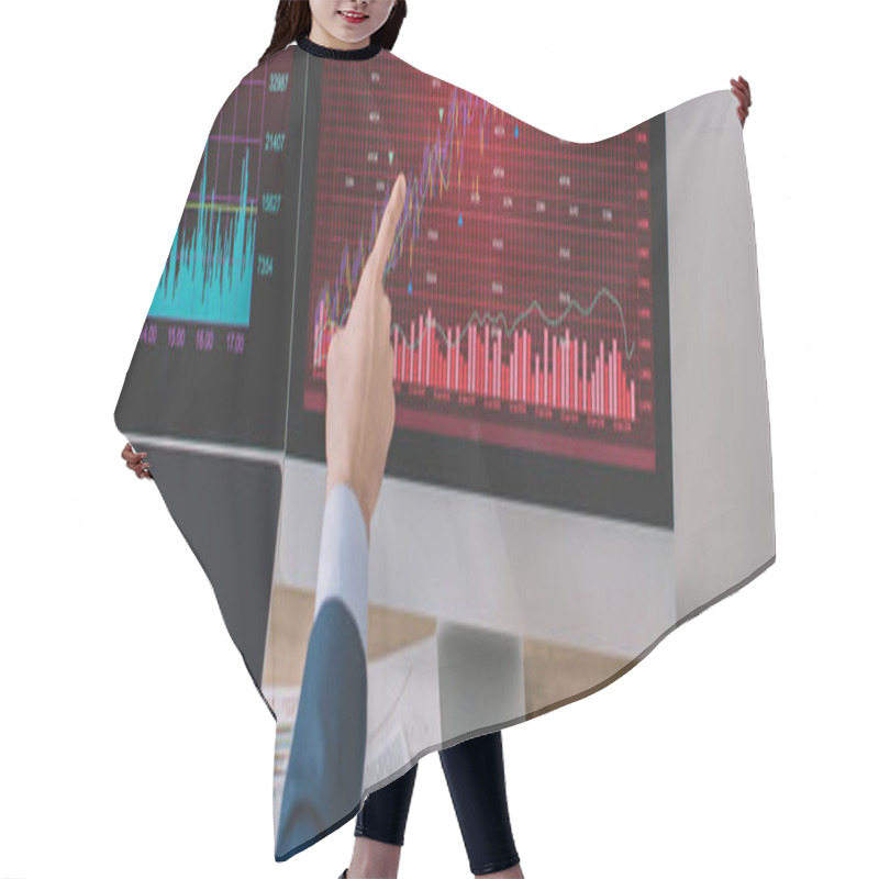 Personality  Cropped View Of Data Analyst Pointing On Charts On Computer Monitor Near Laptop With Blank Screen On Table, Panoramic Shot  Hair Cutting Cape