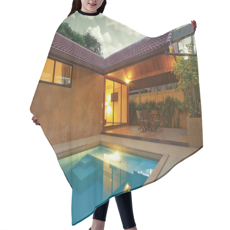 Personality  Panoramic View Of Nice Summer House Patio With Swimming Pool Hair Cutting Cape