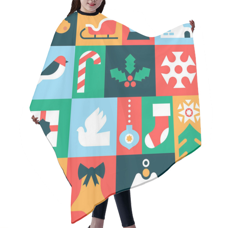 Personality  Merry Christmas Seamless Pattern Illustration Of Modern Flat Geometric Xmas Decoration Icons. Festive Celebration Mosaic Background Includes Colorful Ornament, Snowflake, Santa Sled And Gift. Hair Cutting Cape