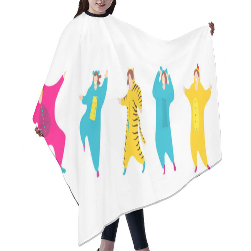 Personality  Pajama Party. Happy Friends In Pajamas Costume Isolated Hair Cutting Cape