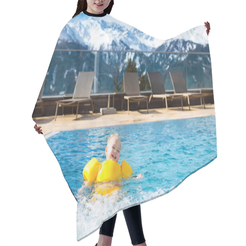 Personality  Child In Outdoor Swimming Pool Of Alpine Resort Hair Cutting Cape