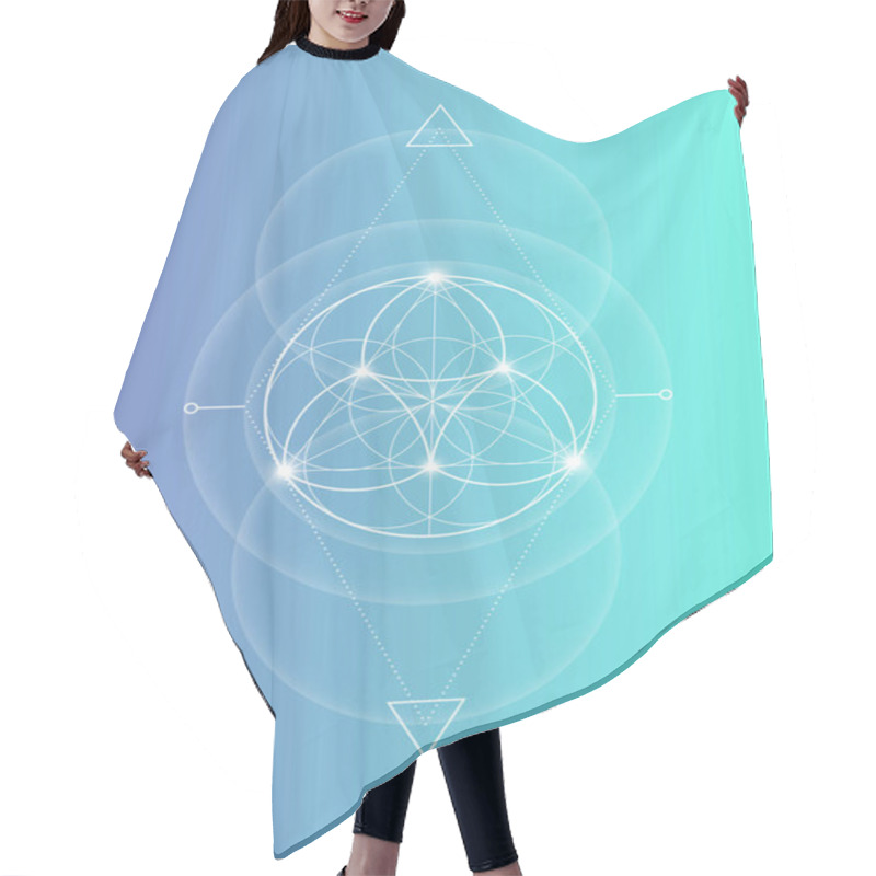 Personality  Sacred Geometry, Flower Of Life, Lotus Flower Mandala. White Logo Symbol Of Harmony And Balance, Glowing Geometrical Ornament, Yoga Relax, Vector Isolated On Blue Gradient Background  Hair Cutting Cape