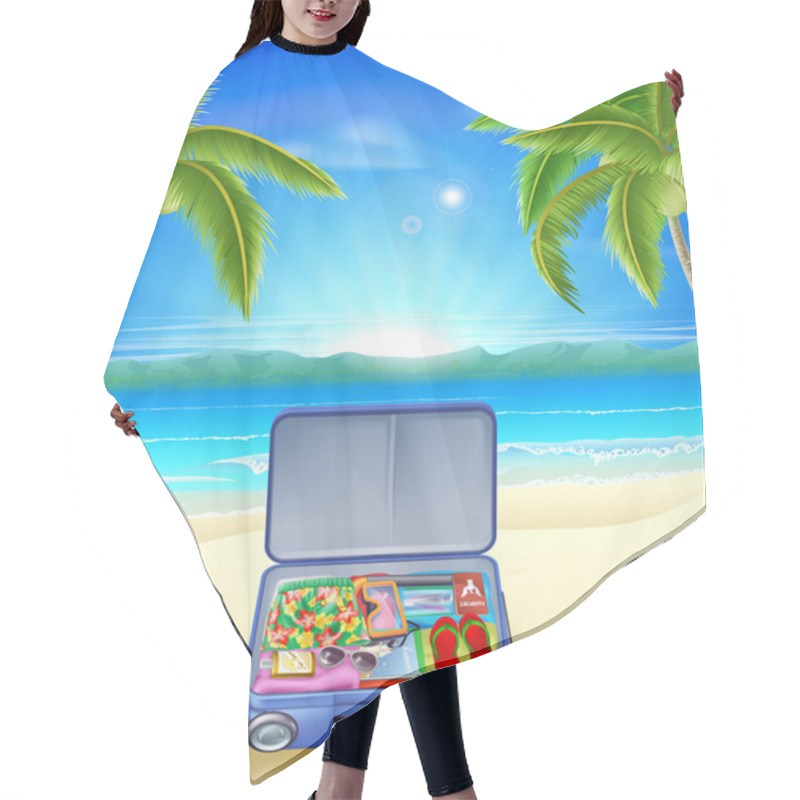 Personality  Tourist Suitcase On Tropical Beach Hair Cutting Cape