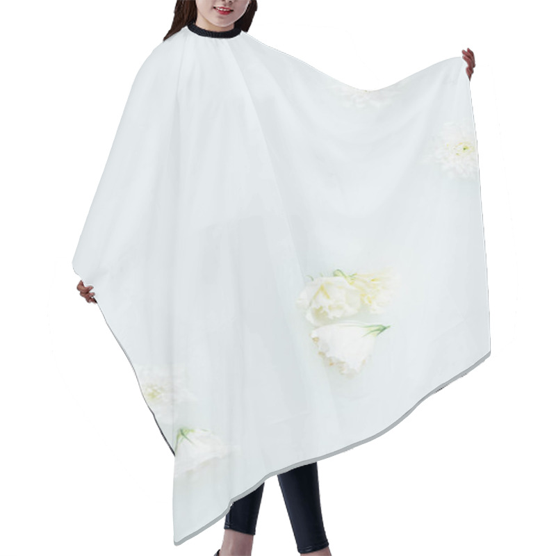 Personality  Top View Of Arranged Beautiful White Flowers In Milk Hair Cutting Cape