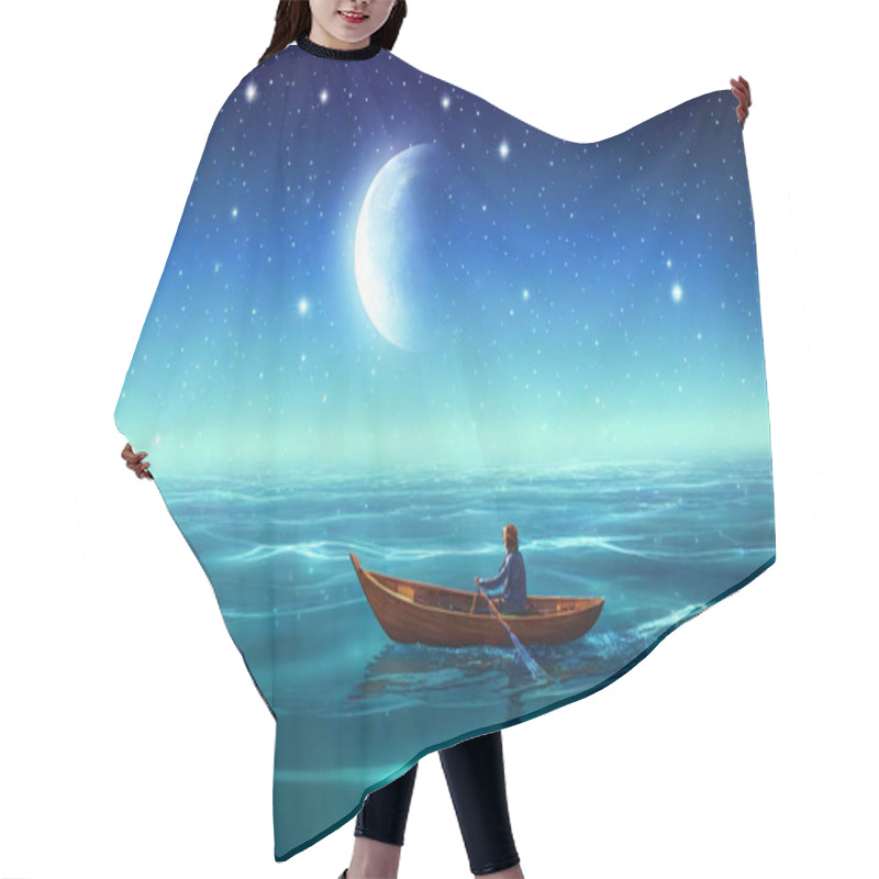 Personality  Moonlit Ocean Ride: A Whimsical, Surreal Illustration Of A Lone Figure On A Boat Being Guided By A Luminous Moon, As Whimsical Fish Swim Through The Air And Stars Twinkle Above The Calm Ocean.  Hair Cutting Cape