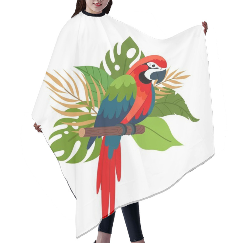 Personality  Parrot On A Background Of Tropical Branches In A Flat Style. Composition Of Tropical Plants And Tropical Bird. Hair Cutting Cape