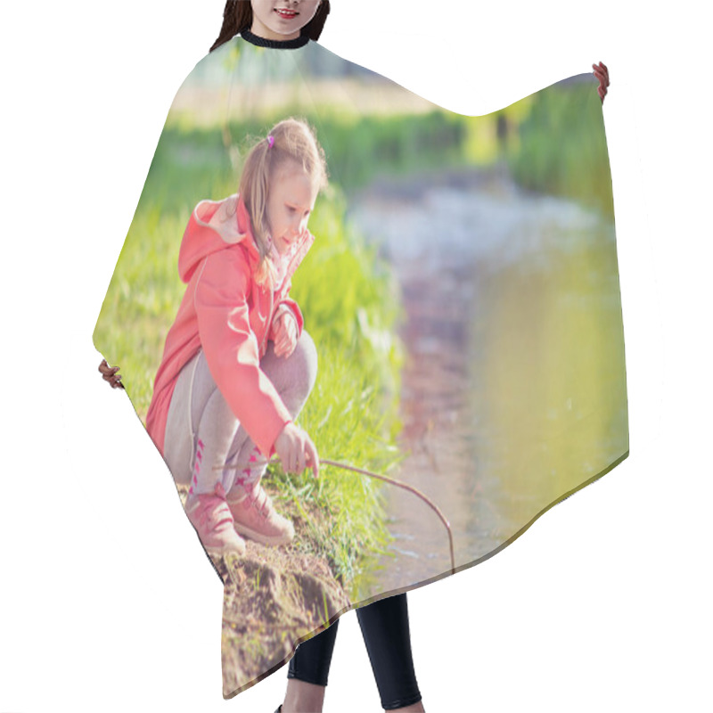 Personality  Happy Adorable Little Girl Playing Near Pond In Sunny Day Hair Cutting Cape