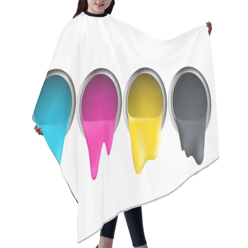 Personality  Buckets With Cyan Magenta Yellow Black Paint On A White Backgrou Hair Cutting Cape