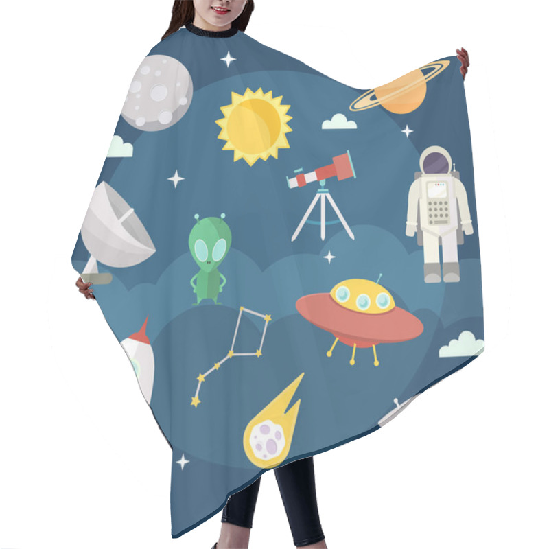 Personality  Set Of Vector Flat Cartoon Cosmic Icons. Space Exploration, Flights Hair Cutting Cape