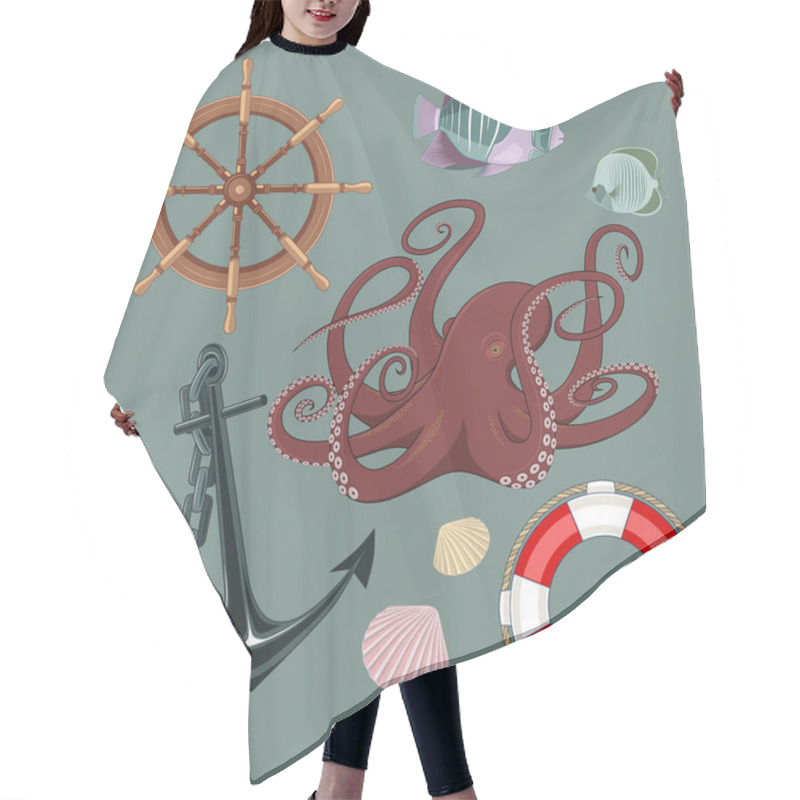 Personality  Set Of Vector Images Octopus, Seashells, Anchor, Fish, Lifebuoy, Steering Wheel. Hair Cutting Cape