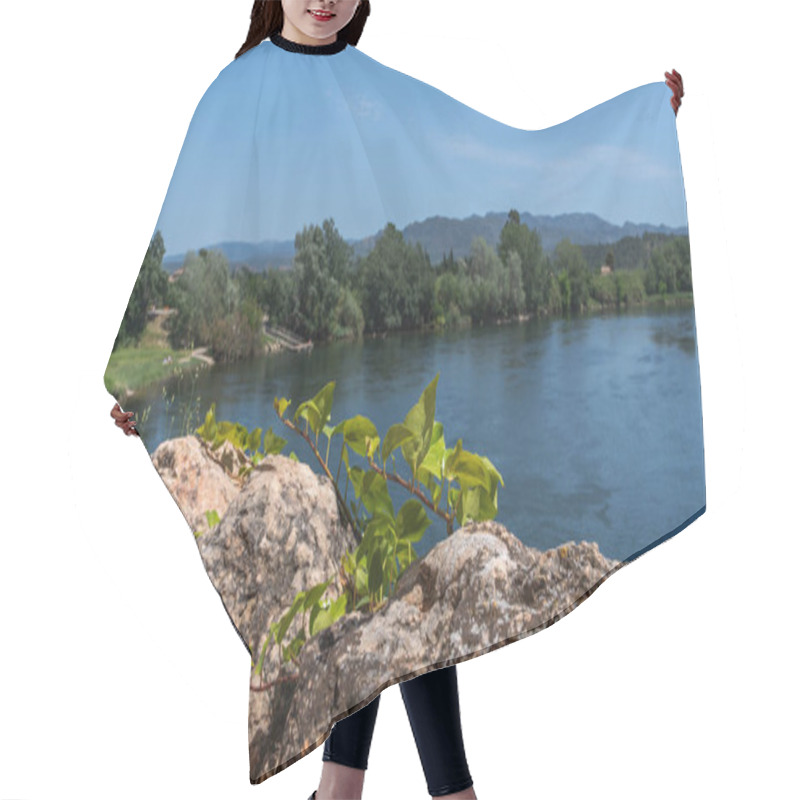 Personality  Young Plants Sprout From A Rocky Foreground, Overlooking The Serene Flow Of A River Embraced By Lush Trees Against The Backdrop Of Distant Mountains Under A Clear Sky. Hair Cutting Cape