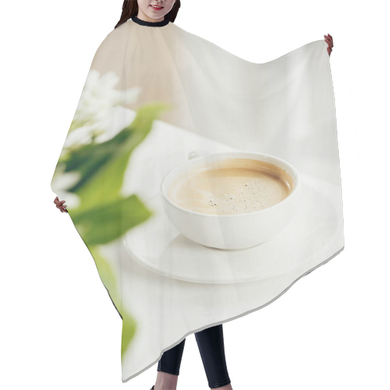 Personality  Cup Of Coffee With Bouquet Of Flowers On Tabletop Hair Cutting Cape