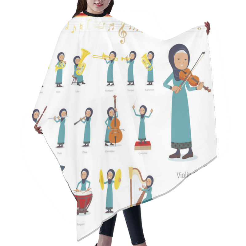 Personality  A Set Of Old Women Wearing Hijab On Classical Music Performances.There Are Actions To Play Various Instruments Such As String Instruments And Wind Instruments.It's Vector Art So It's Easy To Edit. Hair Cutting Cape