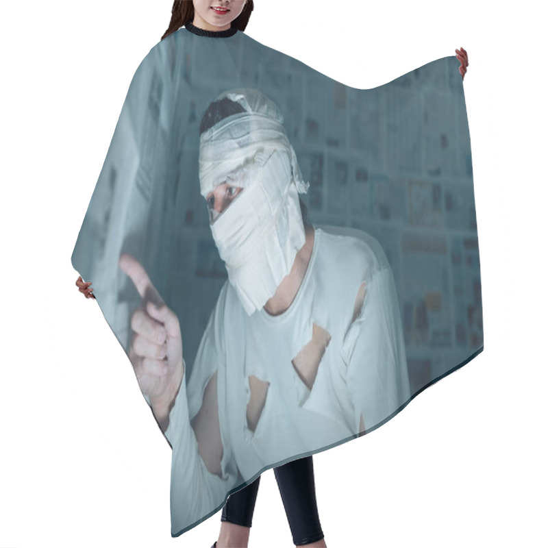 Personality  Victim Of Tabloid Journalism And Fake News Infodemic, Conceptual Image Of Man Wrapped In Bandages Surrounded By Walls Covered With Daily Newspaper Pages Hair Cutting Cape