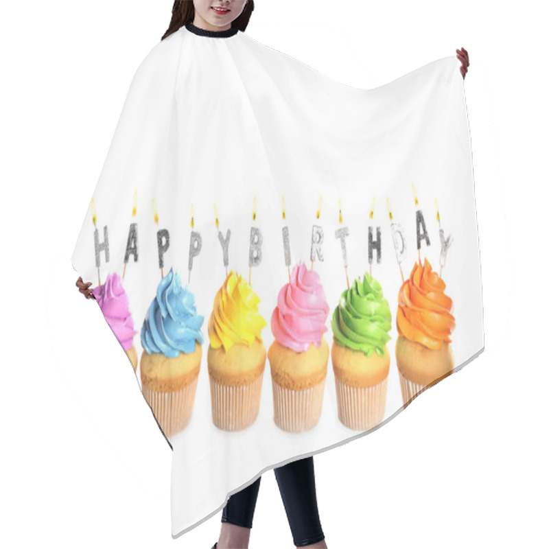 Personality  Birthday Cupcakes With Burning Candles On White Background Hair Cutting Cape