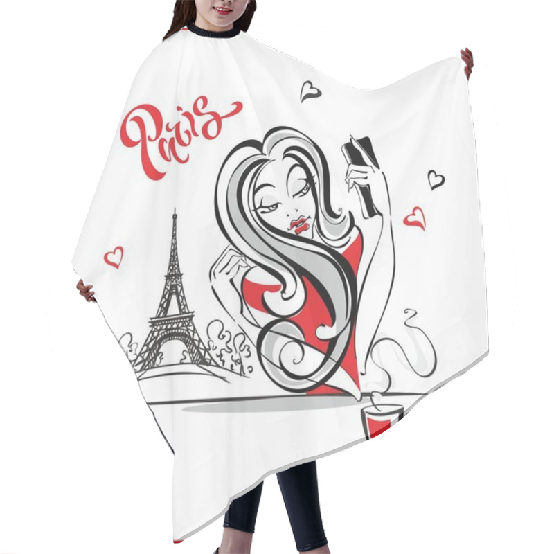 Personality  A Girl In Paris Doing A Selfie. Photographed Against The Backdrop Of The Eiffel Tower. Tourist. Beautiful Parisian. Fashion Model. Vector Illustration. Hair Cutting Cape