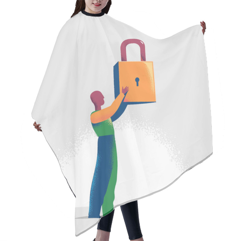 Personality  Torso Of A Manager Is Locking One Virtual Lock In A Lineup Of Open Padlocks. Business Metaphor And Technology Concept For Cyber Security, Critical Data Streaming, And Personal Information. Hair Cutting Cape