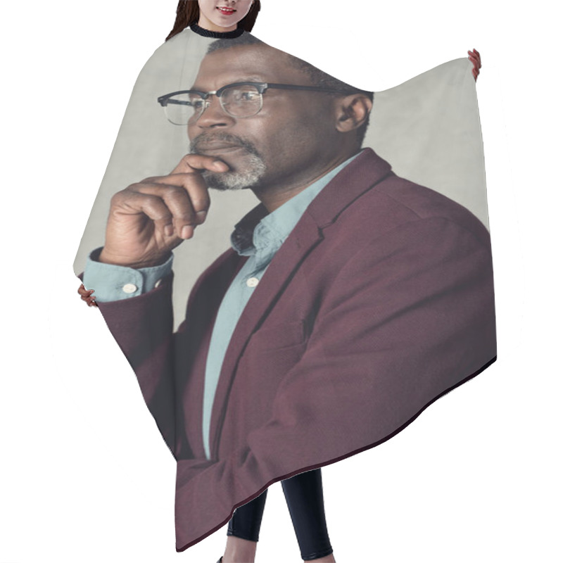 Personality  Portrait Of Thoughtful African American Man In Eyeglasses And Burgundy Jacket Hair Cutting Cape