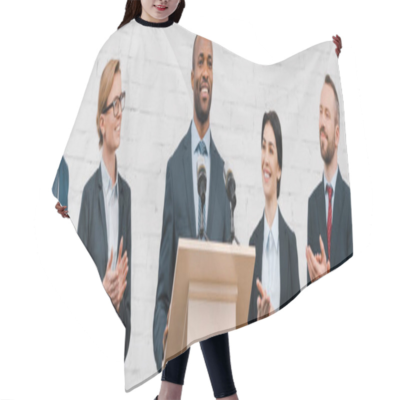 Personality  Panoramic Shot Of Businessmen And Businesswomen Applauding To African American Speaker  Hair Cutting Cape