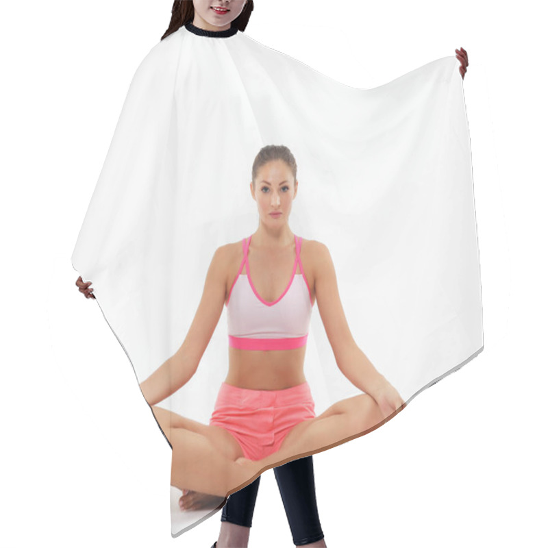 Personality  Young Sporty Attractive Woman Practicing Yoga, Doing Ardha Padmasana Exercise, Meditating In Half Lotus Pose With Mudra Gesture, Working Out Hair Cutting Cape