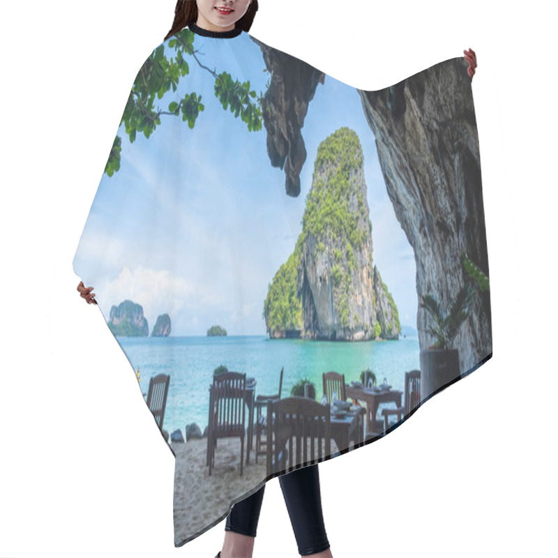 Personality  Railay Beach Krabi Thailand, The Tropical Beach Of Railay Krabi, Panoramic View Of Idyllic Railay Beach In Thailand With Huge Limestone Rocks Restaurant The Grotto On Railay Beach  Hair Cutting Cape