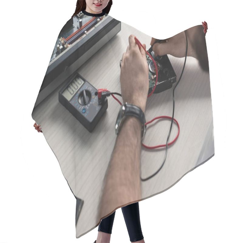 Personality  Cropped Image Of Man Using Multimeter With Testing Hard Disk Drive Hair Cutting Cape