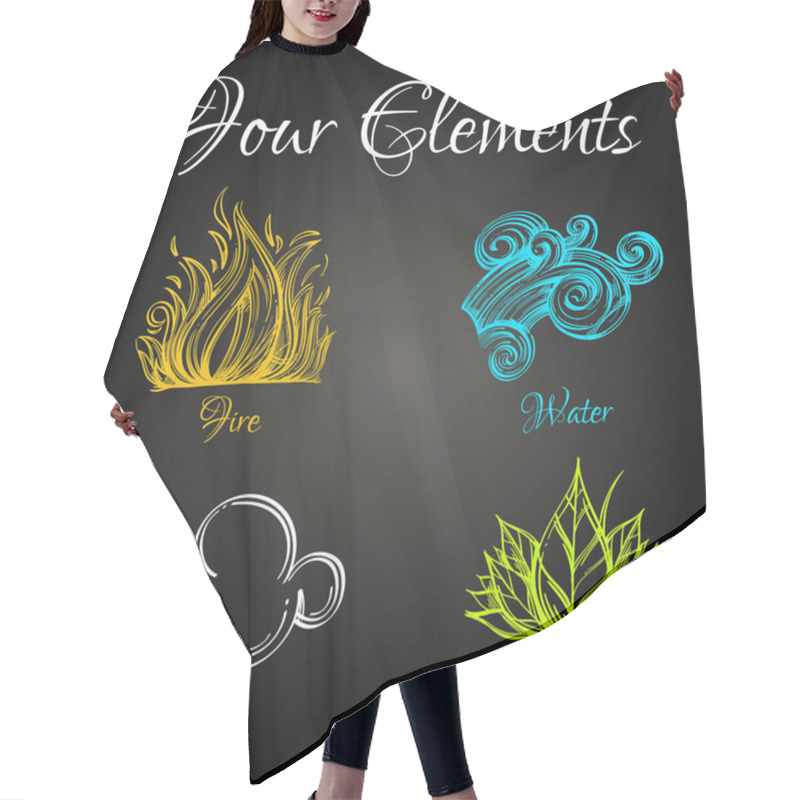 Personality  Four Elements. Fire, Water, Air, Earth. Set Of Outline Vector Illustrations On Black Background. Hair Cutting Cape